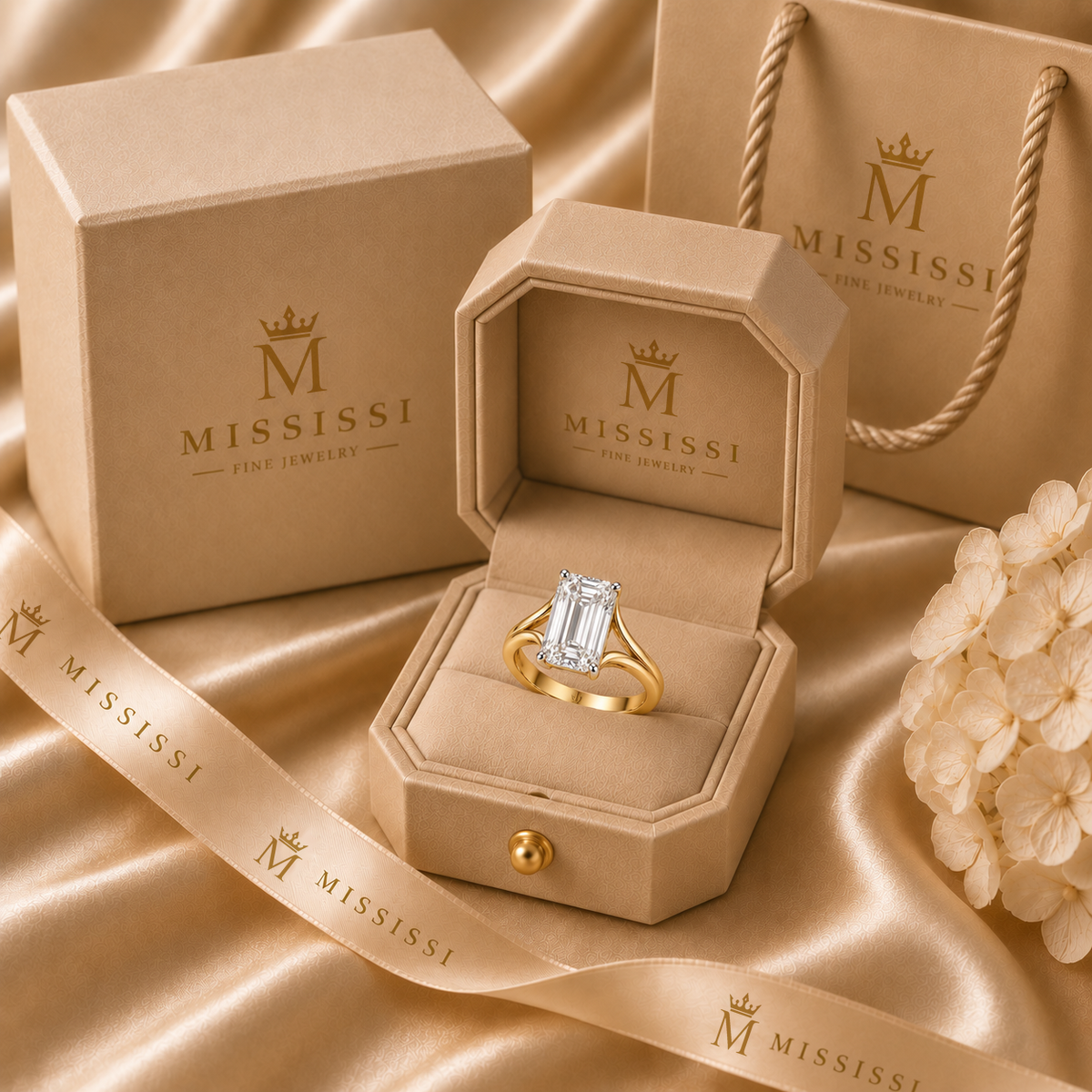 AI design visualization of Twin Tide Emerald-Cut Lab-Grown Diamond Ring — packaging visualization