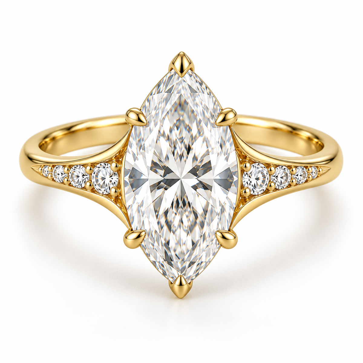 MISSISSI marquise lab-grown diamond cathedral ring in yellow gold, front hero view with graduated diamond shoulders.