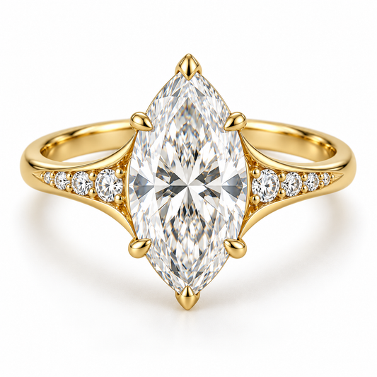 MISSISSI marquise lab-grown diamond cathedral ring in yellow gold, front hero view with graduated diamond shoulders.