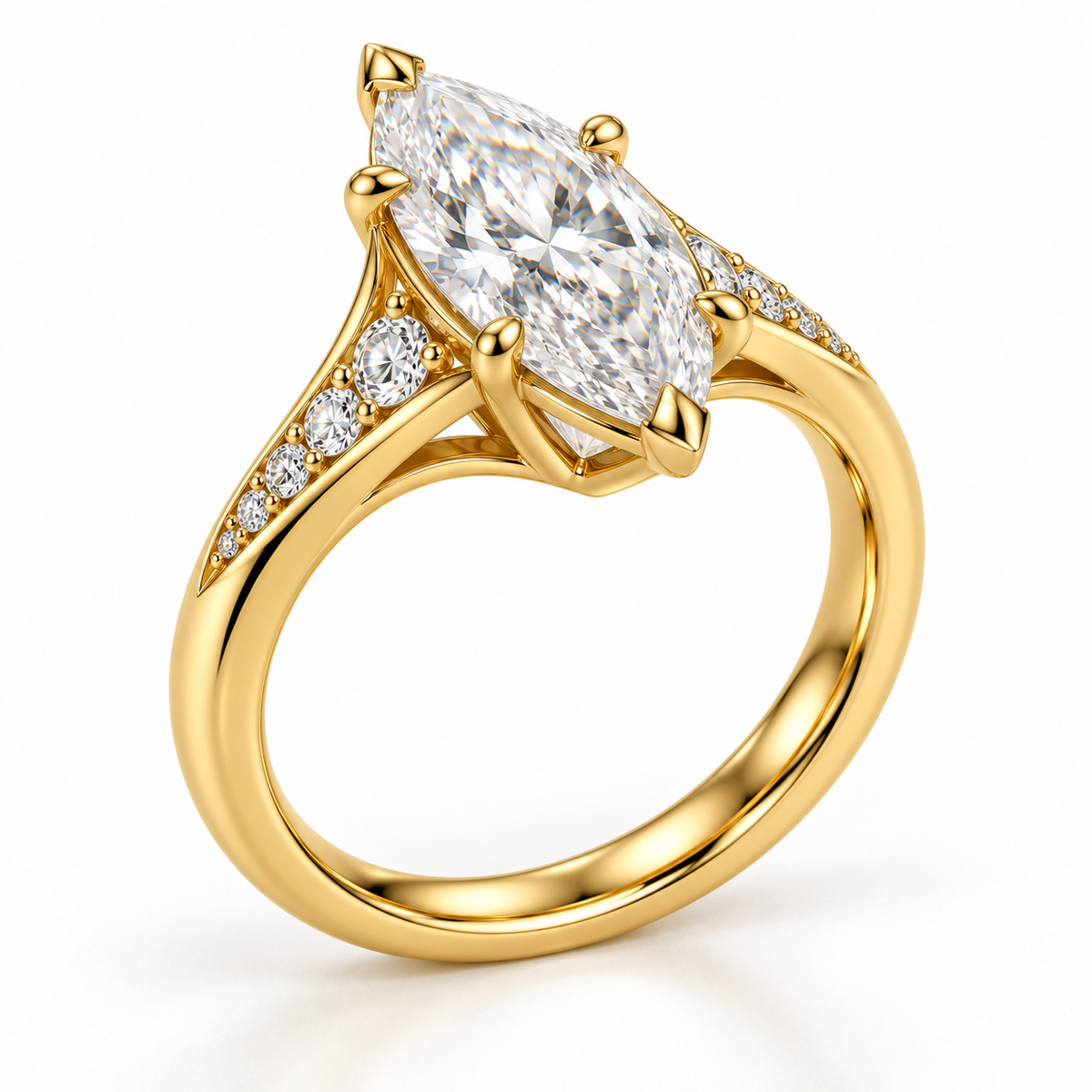 MISSISSI marquise lab-grown diamond cathedral ring in yellow gold, side gallery view with graduated diamond shoulders.