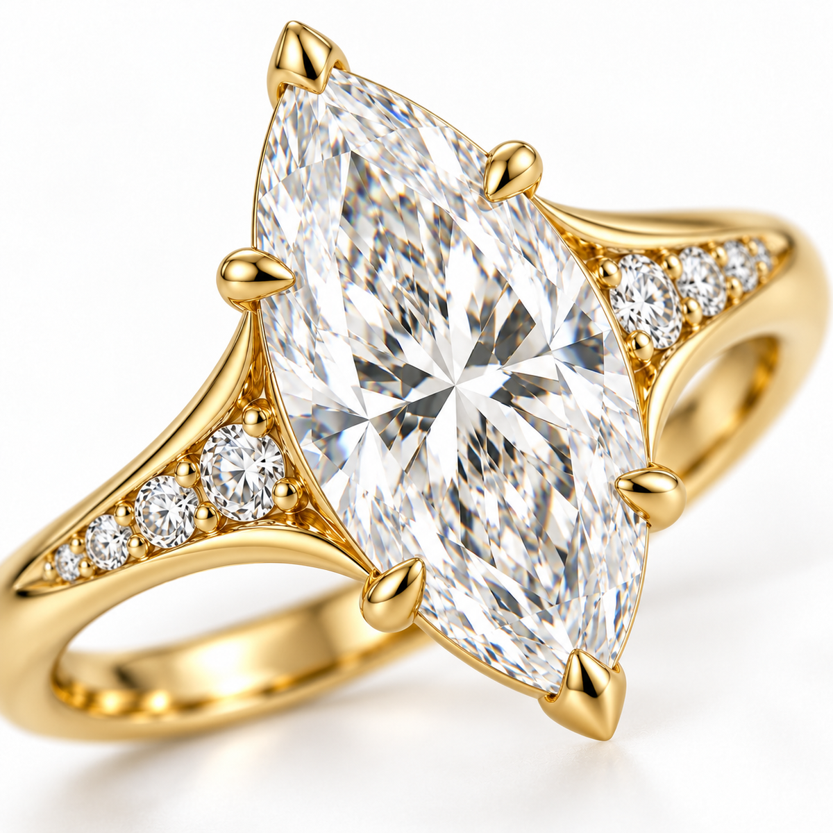 MISSISSI marquise lab-grown diamond cathedral ring in yellow gold, setting macro detail view with graduated diamond shoulders.