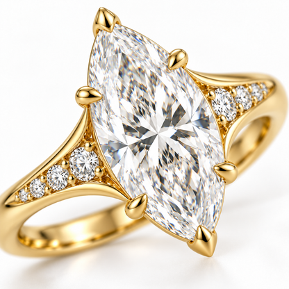 MISSISSI marquise lab-grown diamond cathedral ring in yellow gold, setting macro detail view with graduated diamond shoulders.