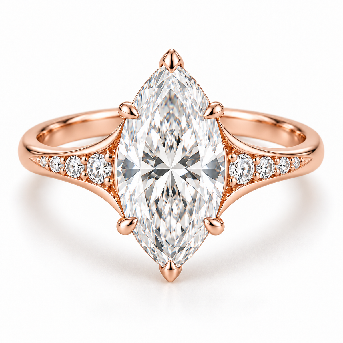 MISSISSI marquise lab-grown diamond cathedral ring in soft rose gold, front hero view with graduated diamond shoulders.
