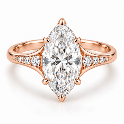 MISSISSI marquise lab-grown diamond cathedral ring in soft rose gold, front hero view with graduated diamond shoulders.