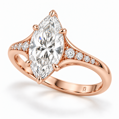 MISSISSI marquise lab-grown diamond cathedral ring in soft rose gold, three-quarter structure view with graduated diamond shoulders.