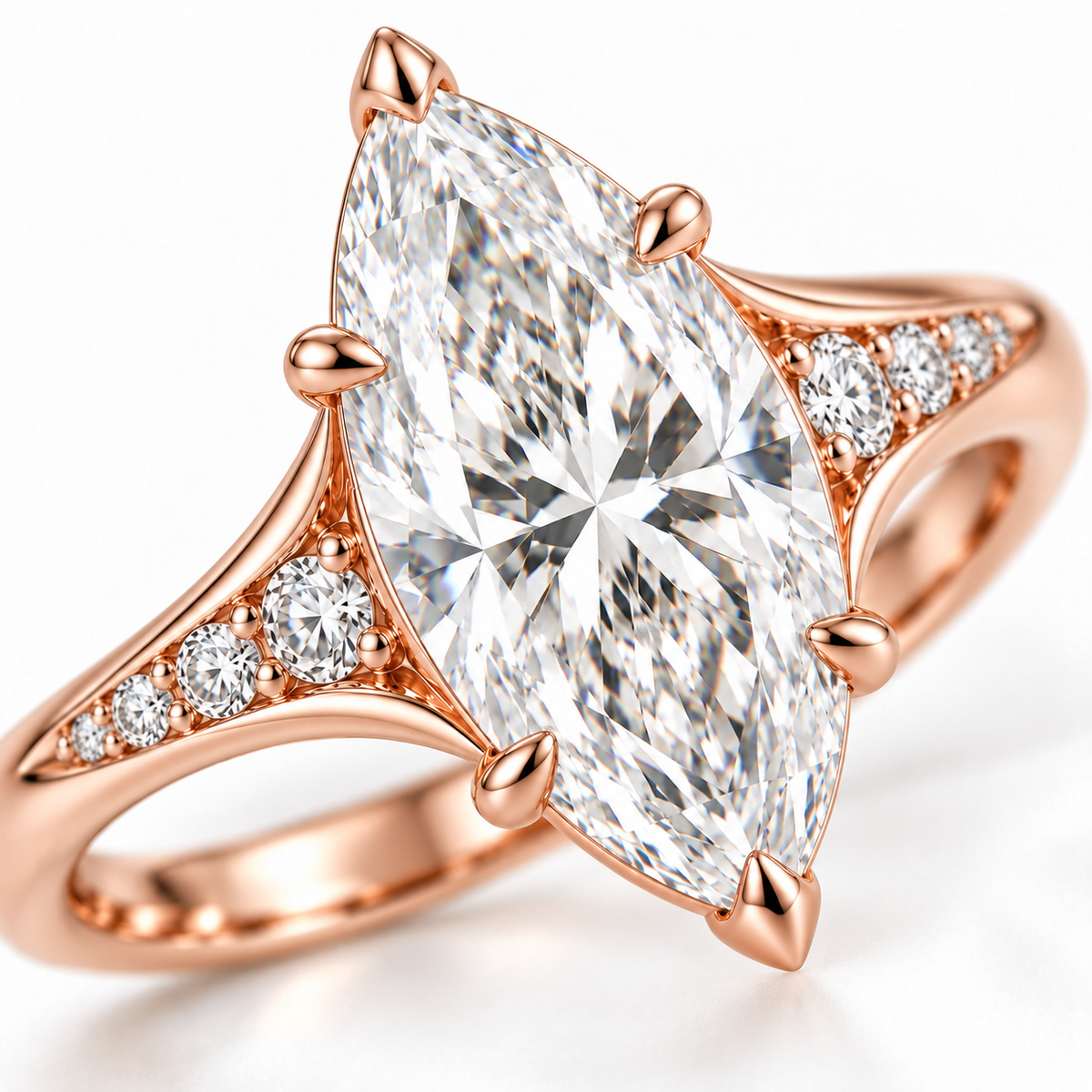 MISSISSI marquise lab-grown diamond cathedral ring in soft rose gold, setting macro detail view with graduated diamond shoulders.