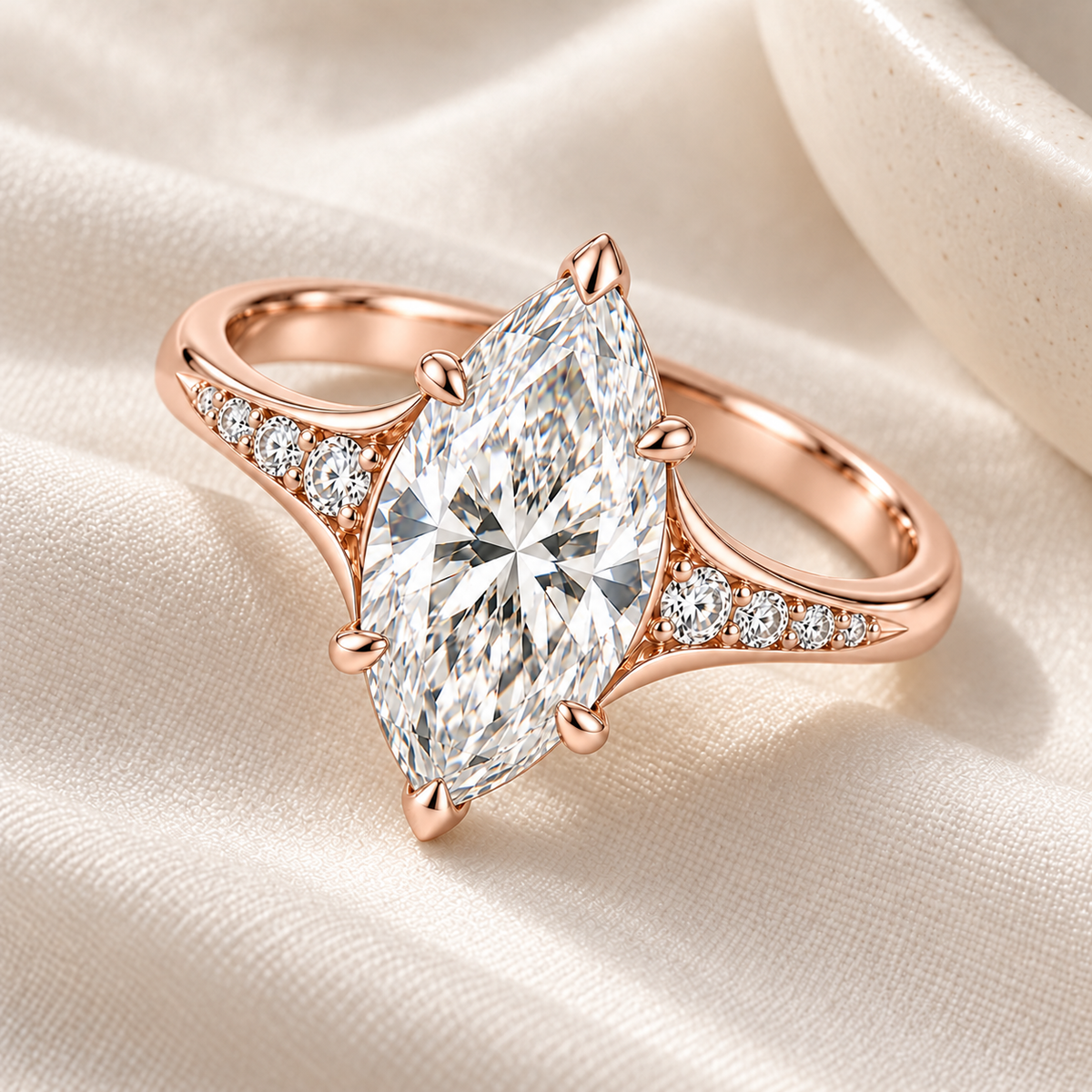 MISSISSI marquise lab-grown diamond cathedral ring in soft rose gold, ivory styling view with graduated diamond shoulders.