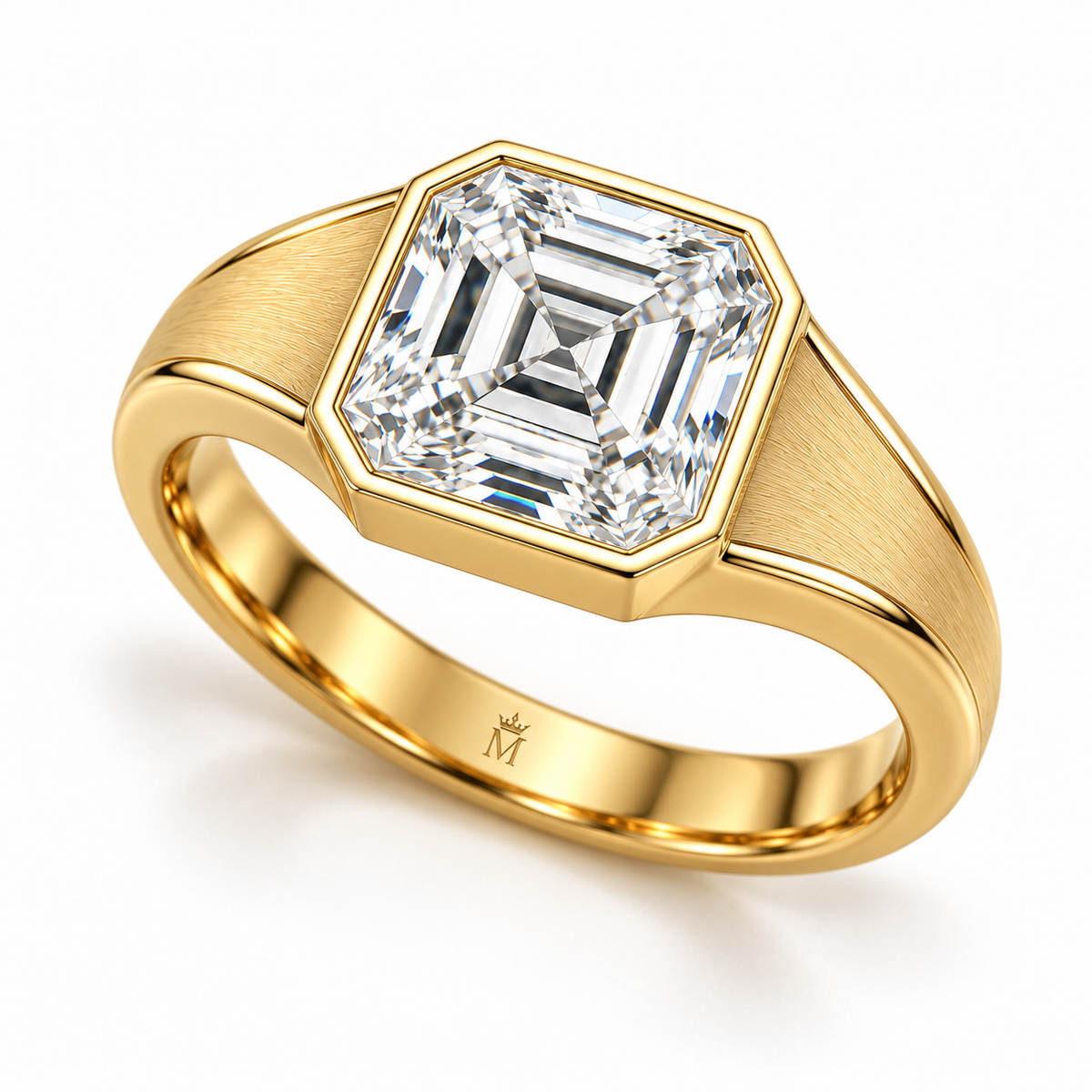 MISSISSI Asscher lab-grown diamond bezel ring in yellow gold, three-quarter structure view with satin shoulders and polished edges.