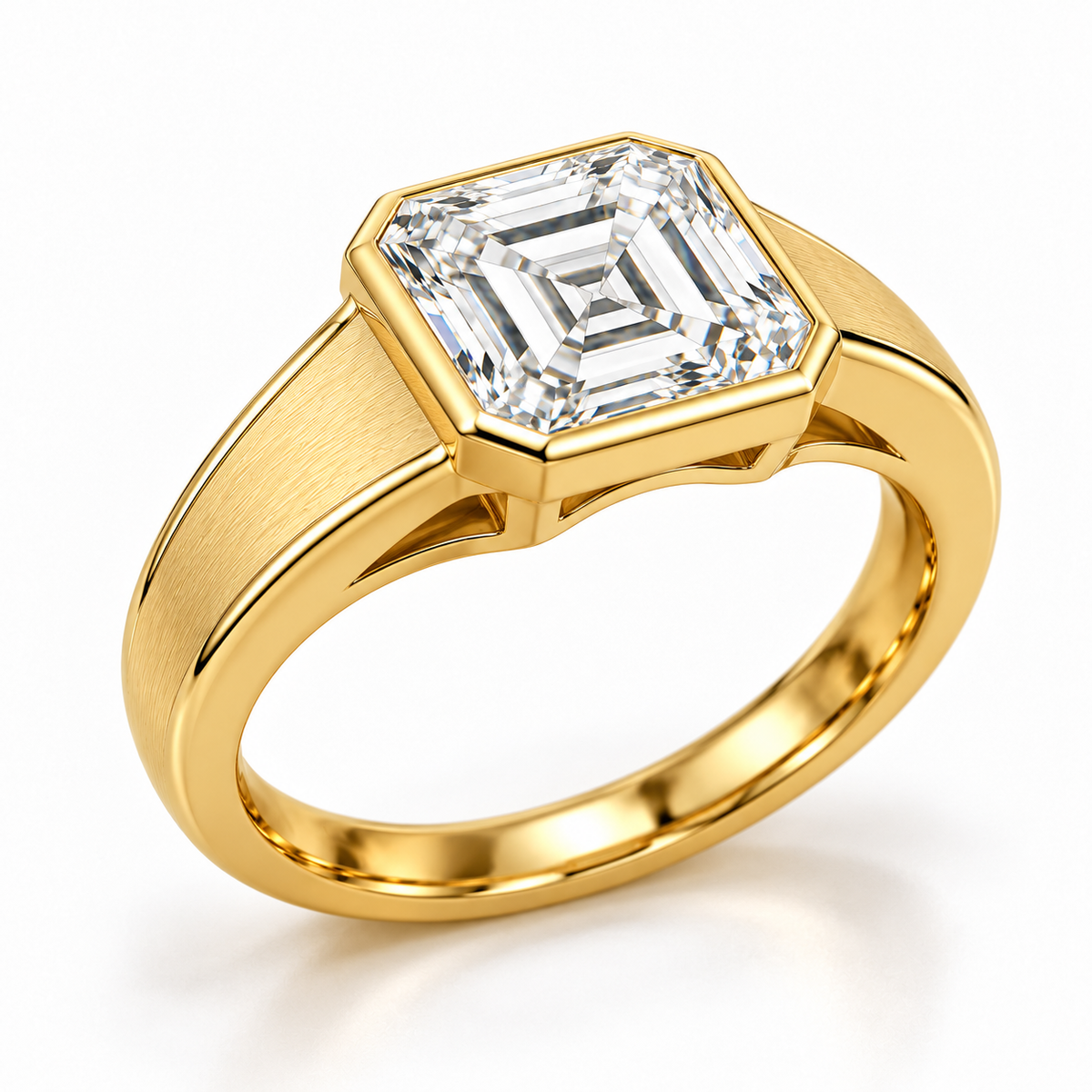 MISSISSI Asscher lab-grown diamond bezel ring in yellow gold, side gallery view with satin shoulders and polished edges.