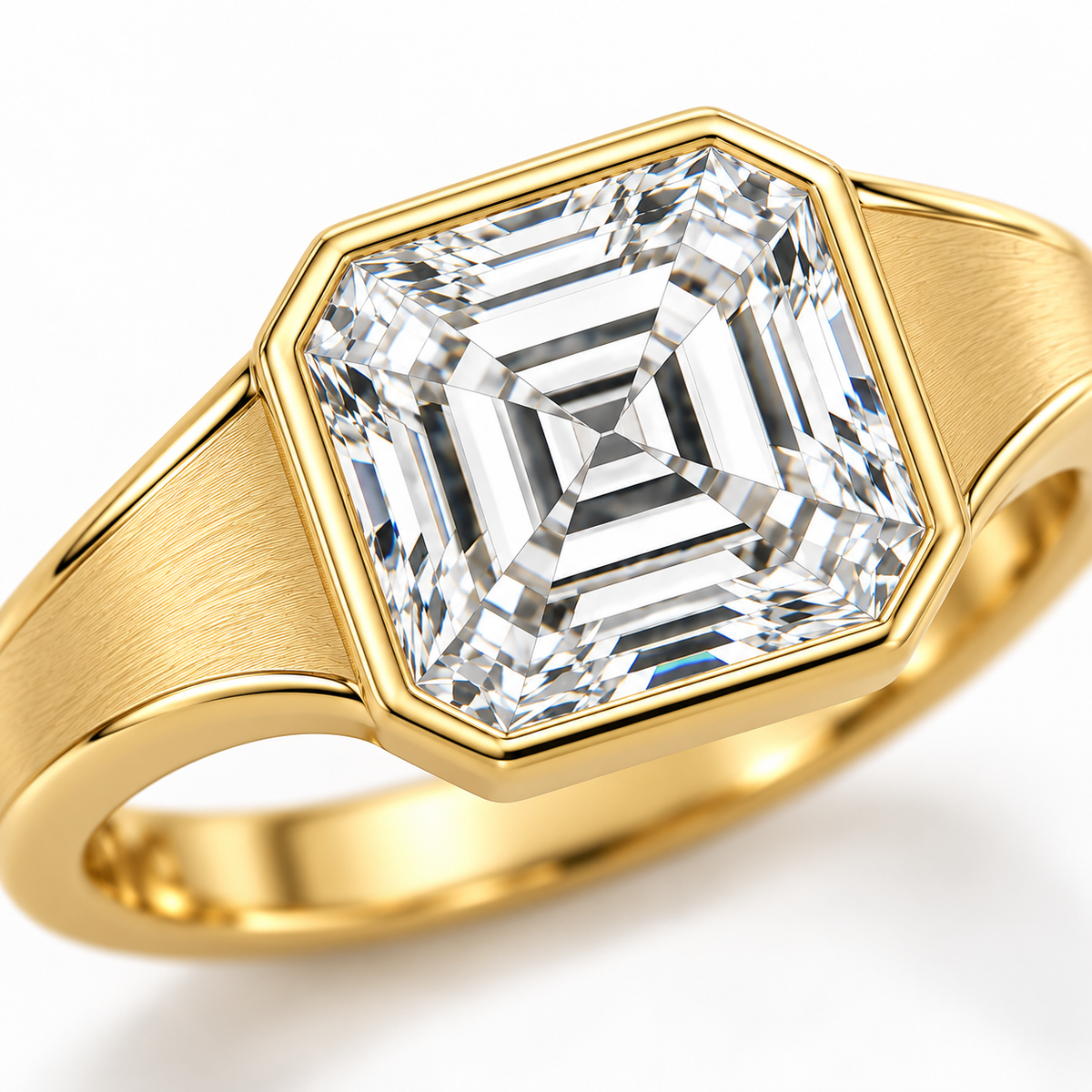 MISSISSI Asscher lab-grown diamond bezel ring in yellow gold, setting macro detail view with satin shoulders and polished edges.