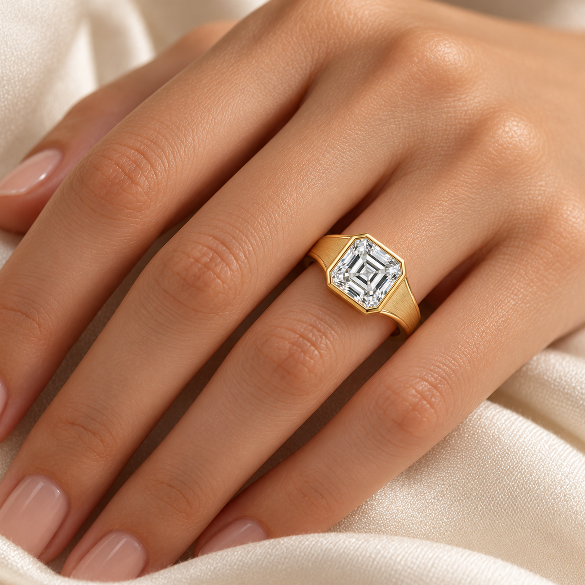 MISSISSI Asscher lab-grown diamond bezel ring in yellow gold, worn scale view with satin shoulders and polished edges.