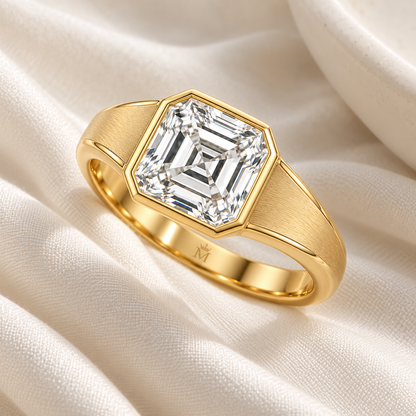 MISSISSI Asscher lab-grown diamond bezel ring in yellow gold, ivory styling view with satin shoulders and polished edges.
