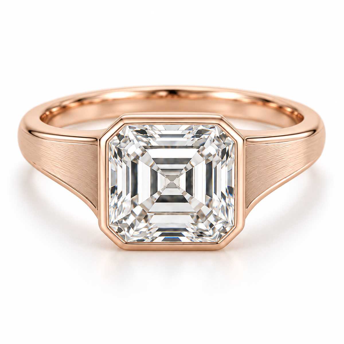 MISSISSI Asscher lab-grown diamond bezel ring in soft rose gold, front hero view with satin shoulders and polished edges.