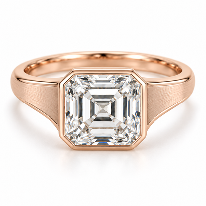 MISSISSI Asscher lab-grown diamond bezel ring in soft rose gold, front hero view with satin shoulders and polished edges.