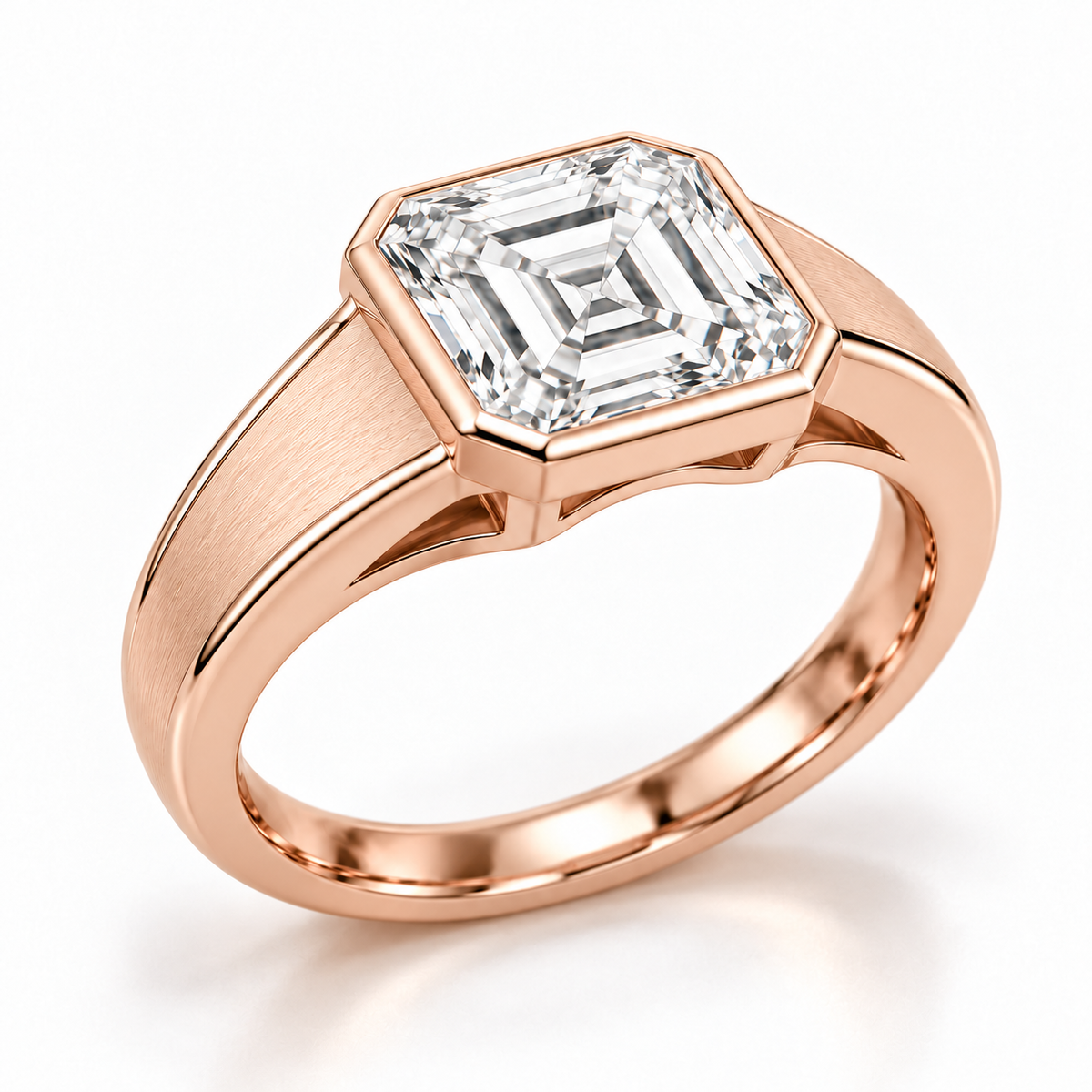 MISSISSI Asscher lab-grown diamond bezel ring in soft rose gold, side gallery view with satin shoulders and polished edges.