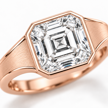 MISSISSI Asscher lab-grown diamond bezel ring in soft rose gold, setting macro detail view with satin shoulders and polished edges.