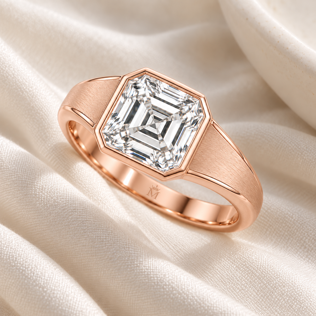 MISSISSI Asscher lab-grown diamond bezel ring in soft rose gold, ivory styling view with satin shoulders and polished edges.
