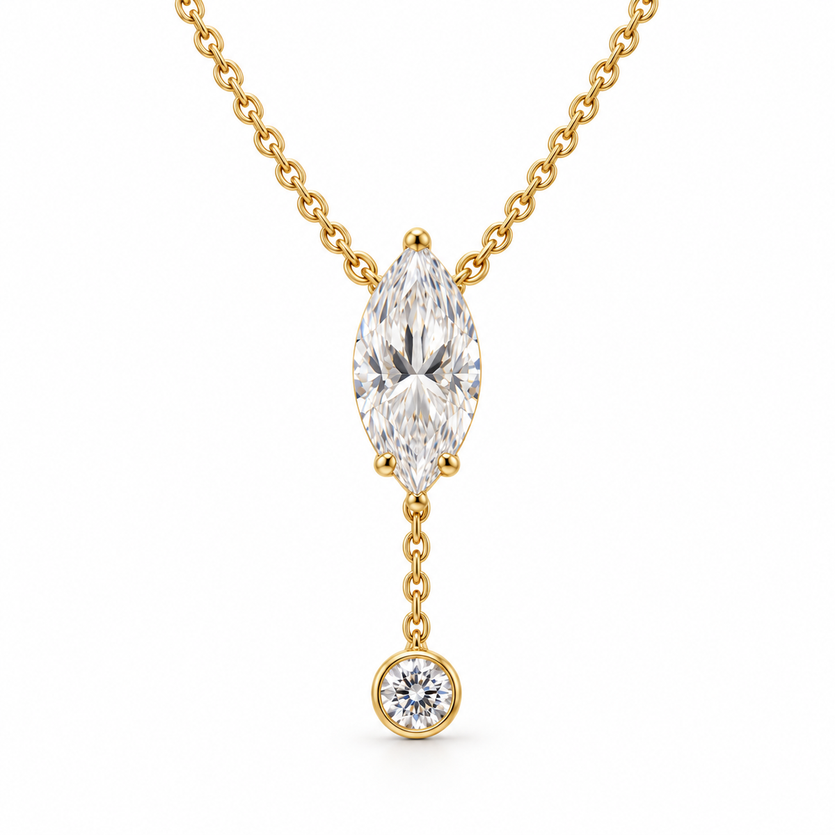 MISSISSI U08 Marquise Y Drop necklace in 14K yellow gold, front hero on white; design visualization with a vertical marquise diamond and a small round bezel-set diamond on a short chain drop.