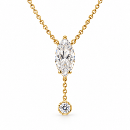MISSISSI U08 Marquise Y Drop necklace in 14K yellow gold, front hero on white; design visualization with a vertical marquise diamond and a small round bezel-set diamond on a short chain drop.