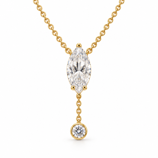 MISSISSI U08 Marquise Y Drop necklace in 14K yellow gold, front hero on white; design visualization with a vertical marquise diamond and a small round bezel-set diamond on a short chain drop.