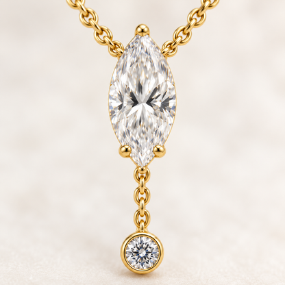 MISSISSI U08 Marquise Y Drop necklace in 14K yellow gold, marquise and round diamond macro; design visualization with a vertical marquise diamond and a small round bezel-set diamond on a short chain drop.