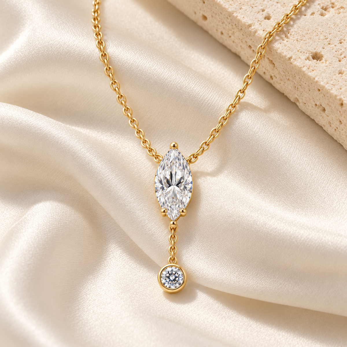 MISSISSI U08 Marquise Y Drop necklace in 14K yellow gold, ivory silk and stone styling; design visualization with a vertical marquise diamond and a small round bezel-set diamond on a short chain drop.