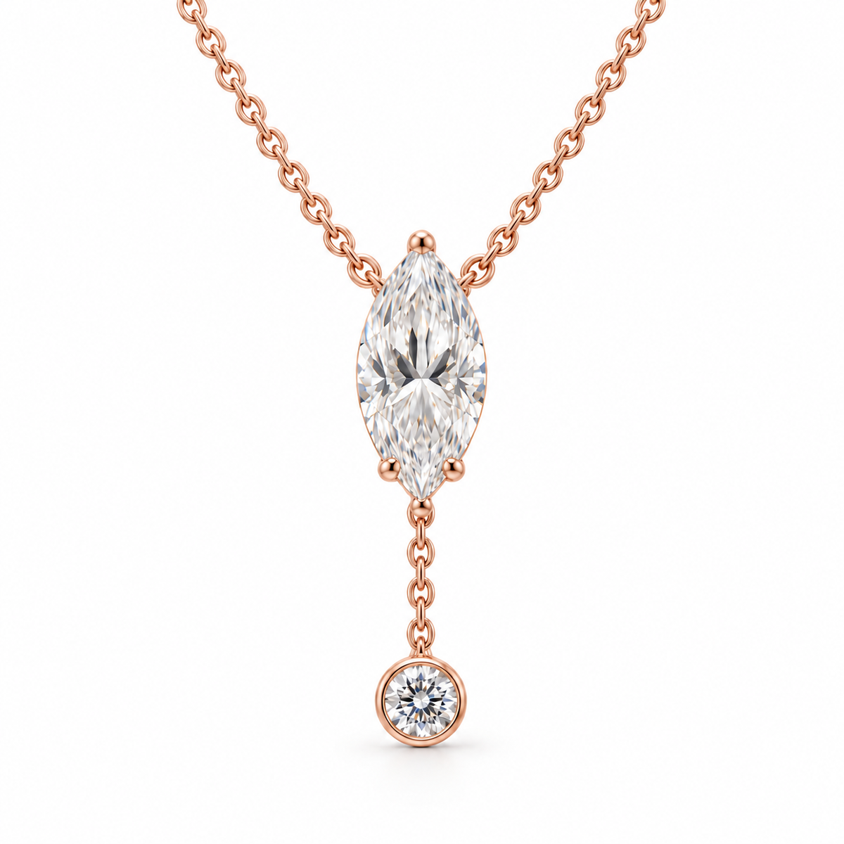 MISSISSI U08 Marquise Y Drop necklace in 14K rose gold, front hero on white; design visualization with a vertical marquise diamond and a small round bezel-set diamond on a short chain drop.