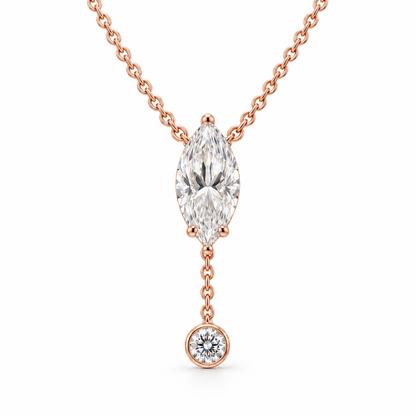 MISSISSI U08 Marquise Y Drop necklace in 14K rose gold, front hero on white; design visualization with a vertical marquise diamond and a small round bezel-set diamond on a short chain drop.