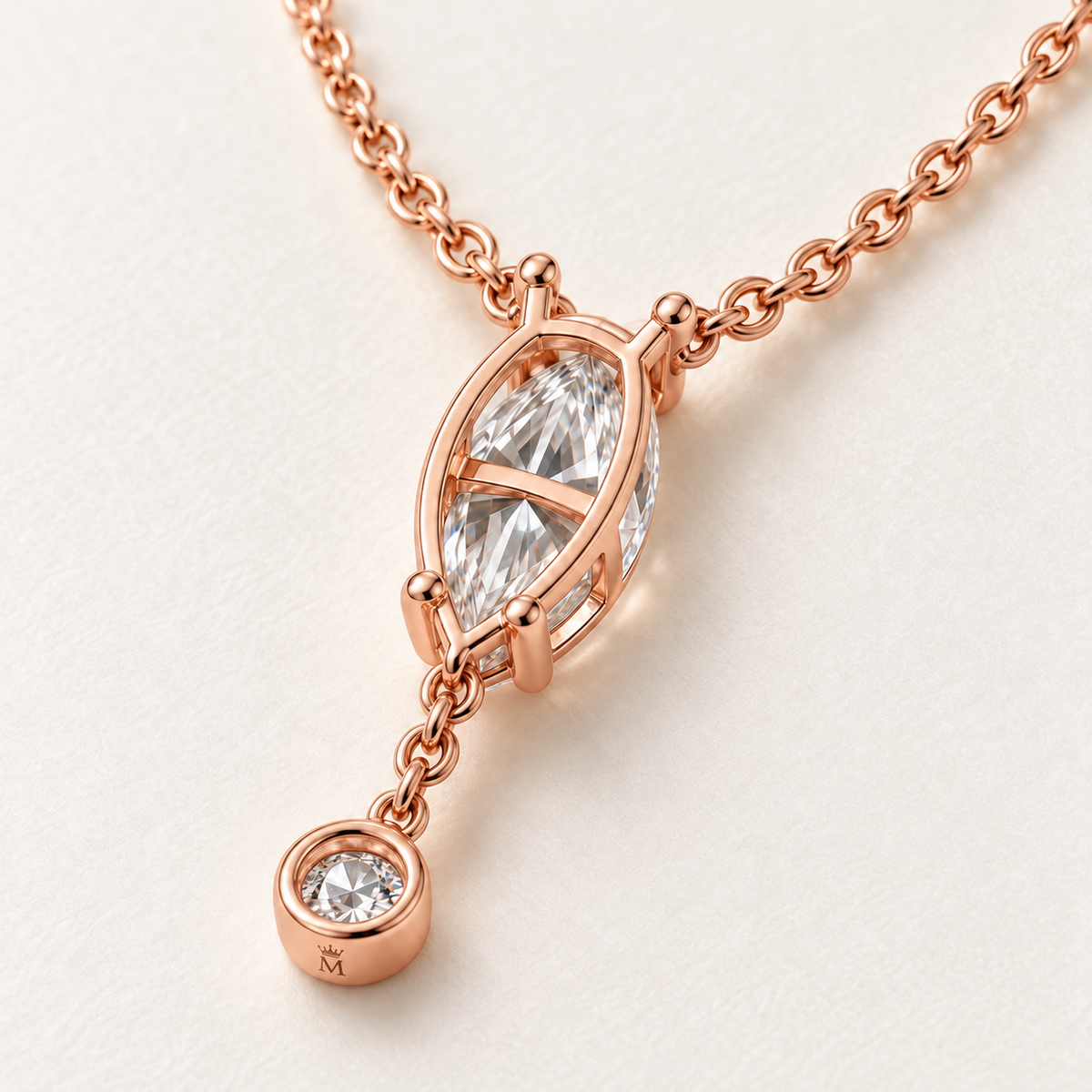MISSISSI U08 Marquise Y Drop necklace in 14K rose gold, rear setting and engraved bezel detail; design visualization with a vertical marquise diamond and a small round bezel-set diamond on a short chain drop.