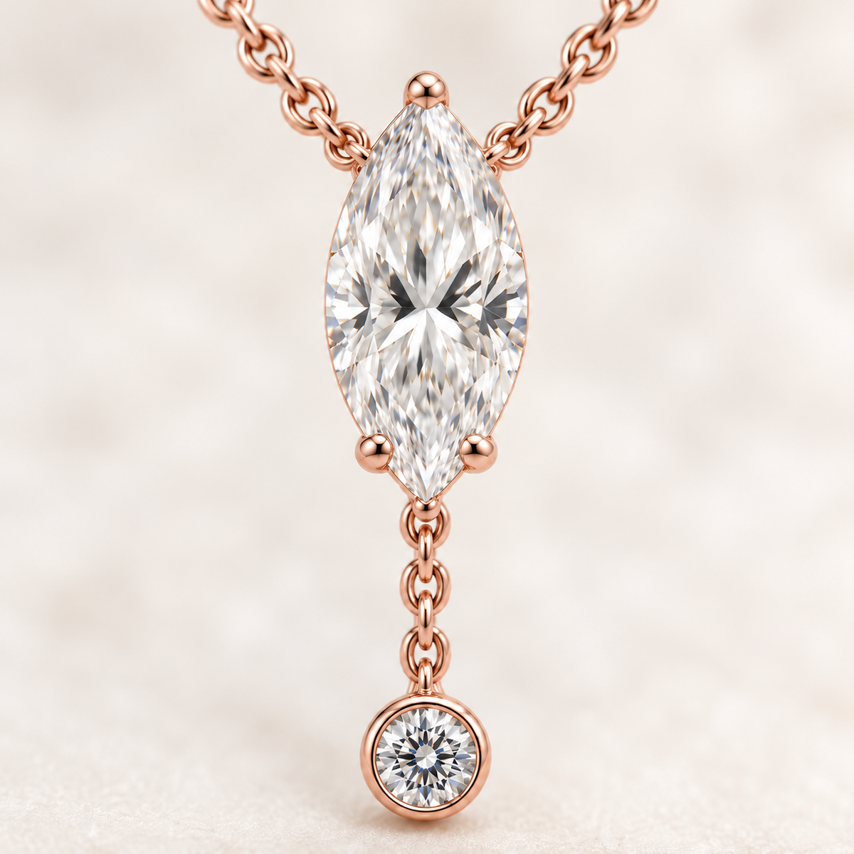 MISSISSI U08 Marquise Y Drop necklace in 14K rose gold, marquise and round diamond macro; design visualization with a vertical marquise diamond and a small round bezel-set diamond on a short chain drop.