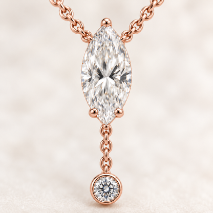 MISSISSI U08 Marquise Y Drop necklace in 14K rose gold, marquise and round diamond macro; design visualization with a vertical marquise diamond and a small round bezel-set diamond on a short chain drop.