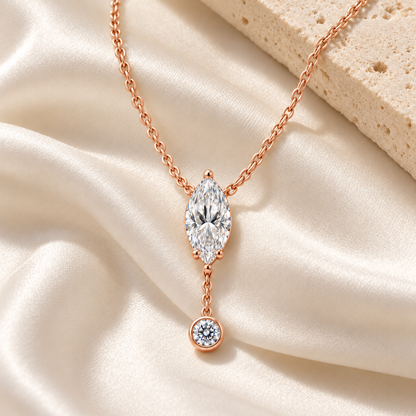 MISSISSI U08 Marquise Y Drop necklace in 14K rose gold, ivory silk and stone styling; design visualization with a vertical marquise diamond and a small round bezel-set diamond on a short chain drop.