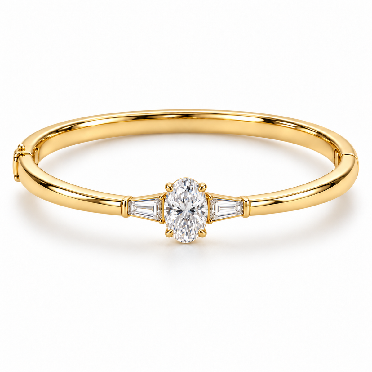 MISSISSI U09 Oval and Baguette bangle in 14K yellow gold, front hero on white; design visualization of a closed oval bangle with a vertical oval diamond and two tapered baguette side diamonds.