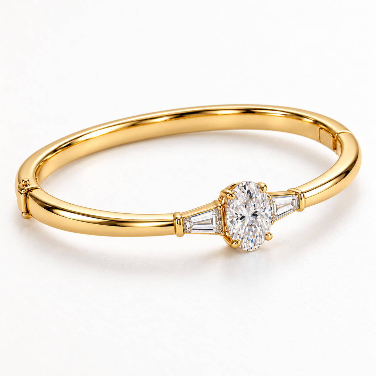 MISSISSI U09 Oval and Baguette bangle in 14K yellow gold, three-quarter structure view; design visualization of a closed oval bangle with a vertical oval diamond and two tapered baguette side diamonds.