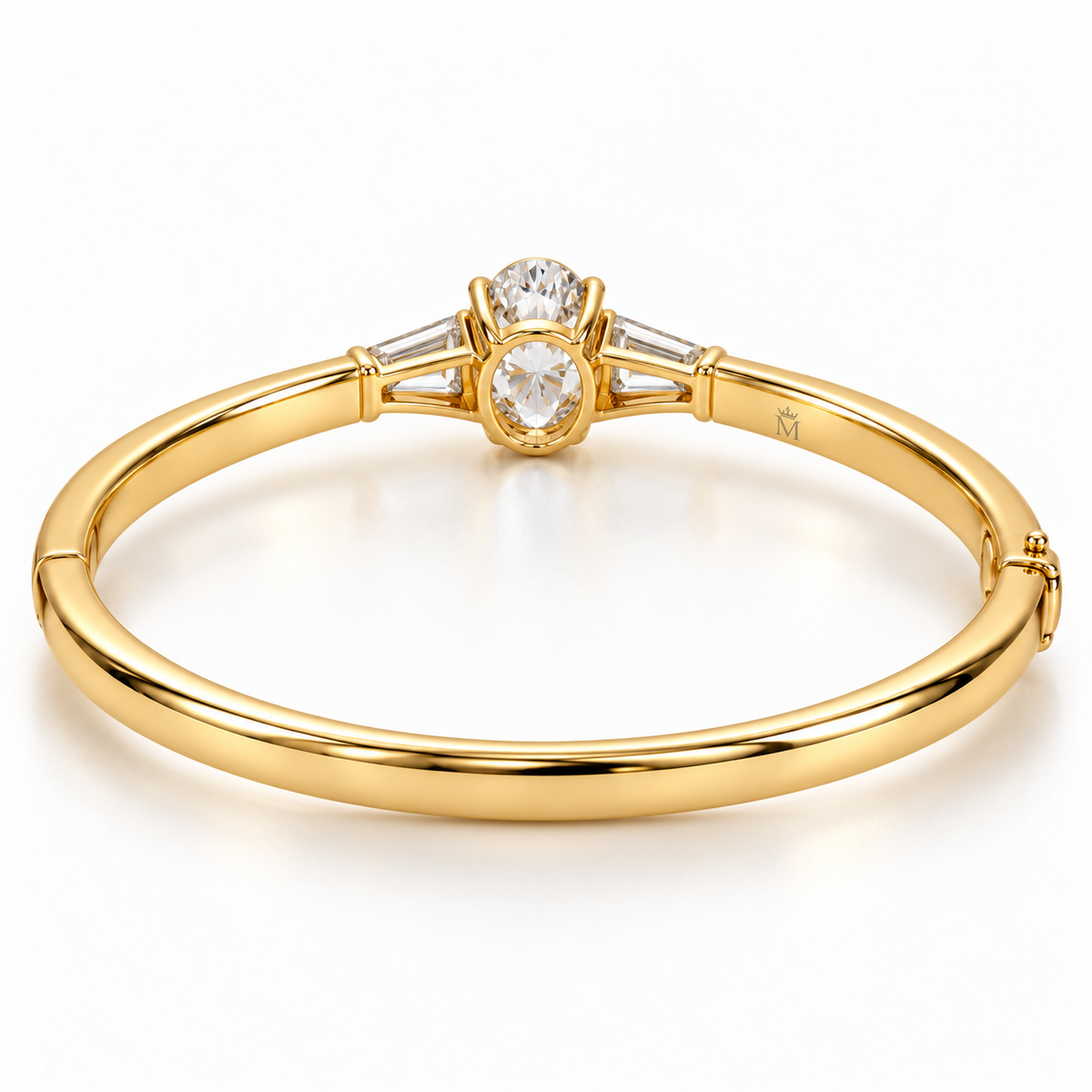 MISSISSI U09 Oval and Baguette bangle in 14K yellow gold, rear open-gallery and inner-band engraving view; design visualization of a closed oval bangle with a vertical oval diamond and two tapered baguette side diamonds.