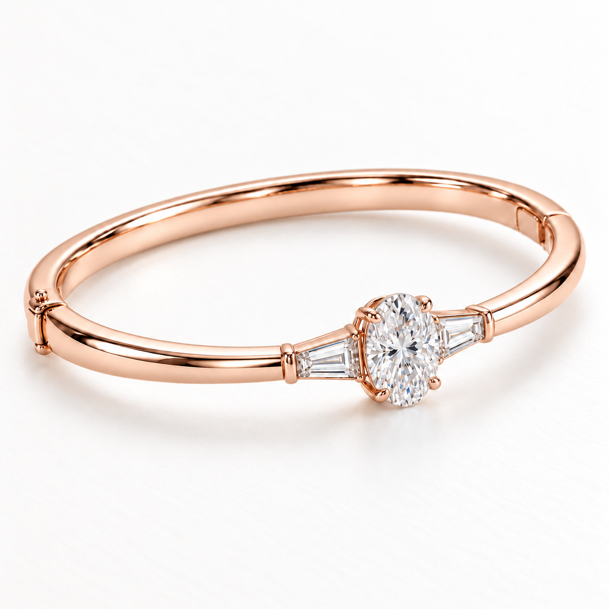 MISSISSI U09 Oval and Baguette bangle in 14K rose gold, three-quarter structure view; design visualization of a closed oval bangle with a vertical oval diamond and two tapered baguette side diamonds.