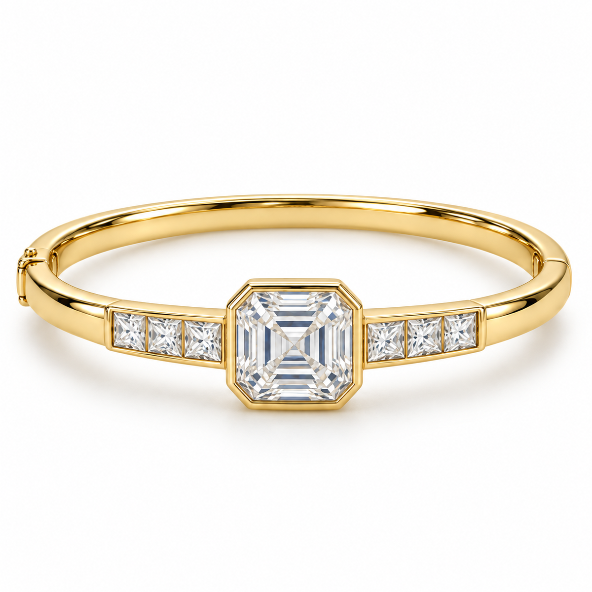 MISSISSI U10 Asscher-cut lab-grown diamond closed oval bangle in 14K yellow gold, white-background hero, with three princess-cut diamonds on each shoulder.