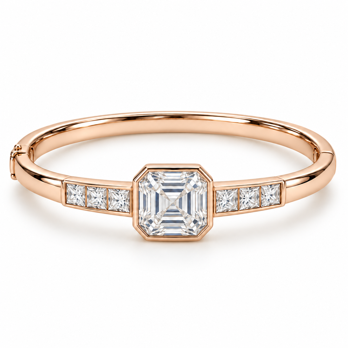MISSISSI U10 Asscher-cut lab-grown diamond closed oval bangle in 14K soft rose gold, white-background hero, with three princess-cut diamonds on each shoulder.