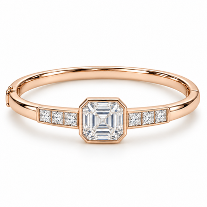 MISSISSI U10 Asscher-cut lab-grown diamond closed oval bangle in 14K soft rose gold, white-background hero, with three princess-cut diamonds on each shoulder.