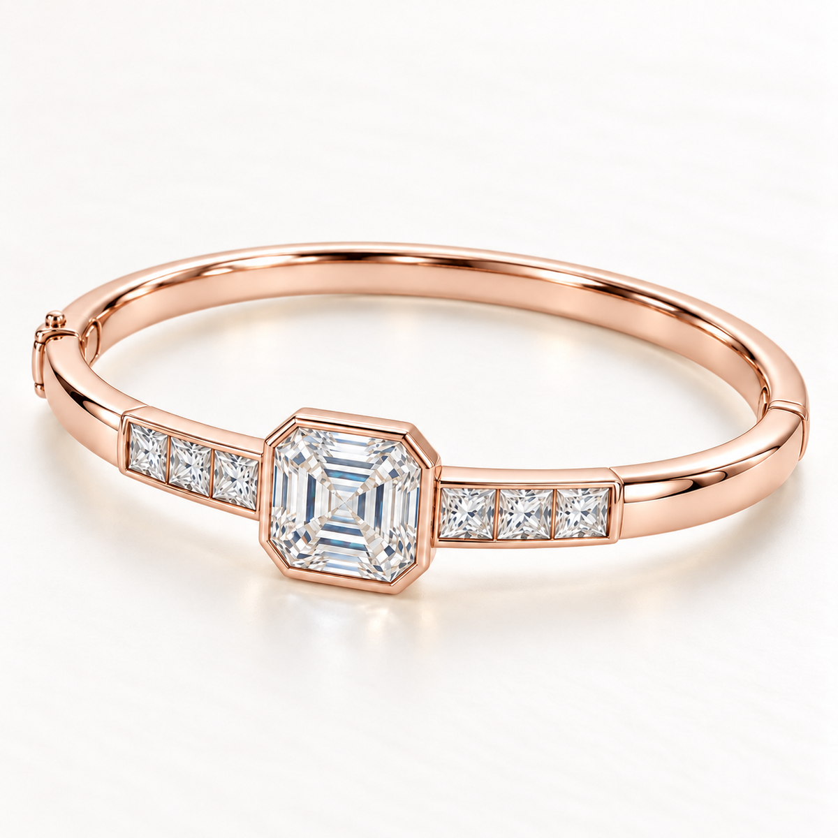 MISSISSI U10 Asscher-cut lab-grown diamond closed oval bangle in 14K soft rose gold, three-quarter view, with three princess-cut diamonds on each shoulder.