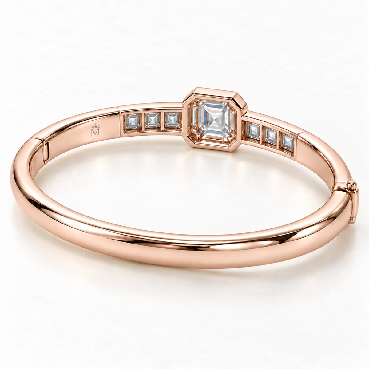 MISSISSI U10 Asscher-cut lab-grown diamond closed oval bangle in 14K soft rose gold, rear, inner-band and clasp view, with three princess-cut diamonds on each shoulder.