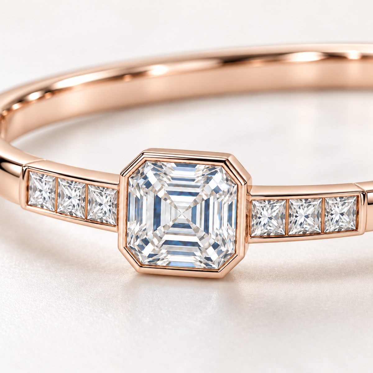 MISSISSI U10 Asscher-cut lab-grown diamond closed oval bangle in 14K soft rose gold, setting macro, with three princess-cut diamonds on each shoulder.