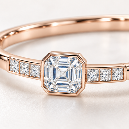 MISSISSI U10 Asscher-cut lab-grown diamond closed oval bangle in 14K soft rose gold, setting macro, with three princess-cut diamonds on each shoulder.