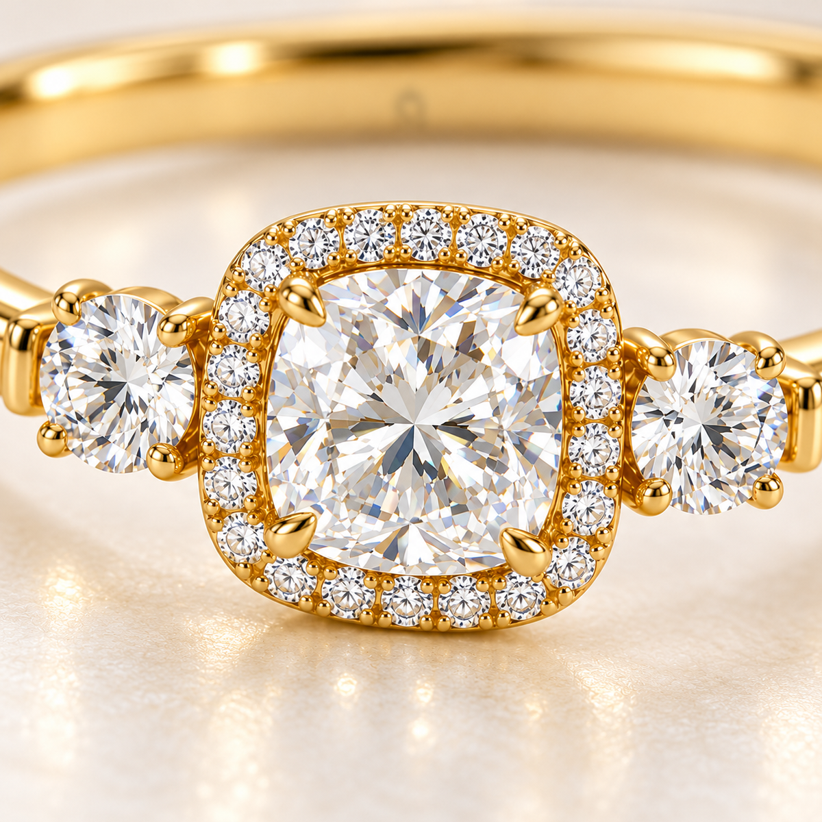 MISSISSI U11 cushion-cut lab-grown diamond halo closed oval bangle in 14K yellow gold, setting macro, with one round diamond on each shoulder.