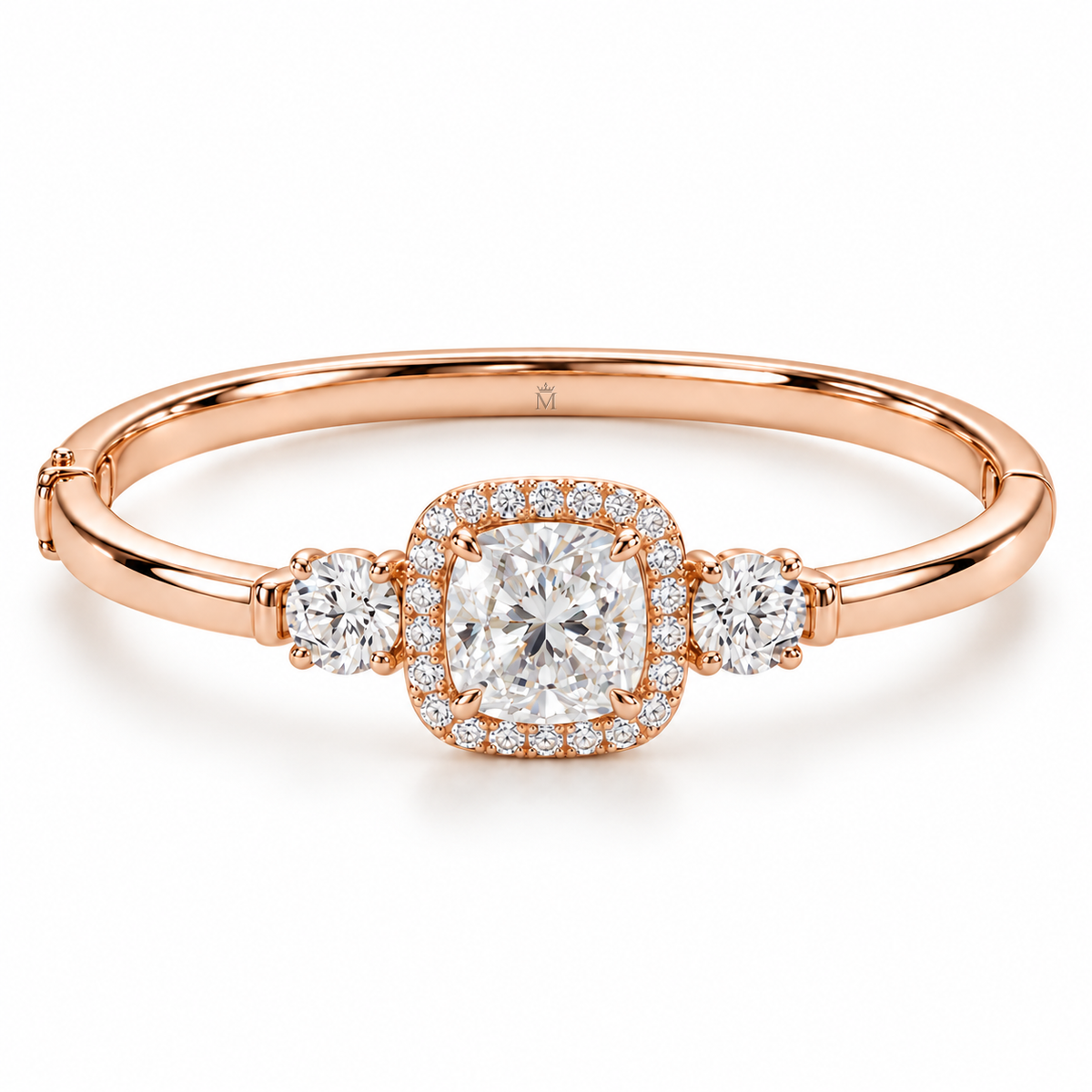 MISSISSI U11 cushion-cut lab-grown diamond halo closed oval bangle in 14K soft rose gold, white-background hero, with one round diamond on each shoulder.