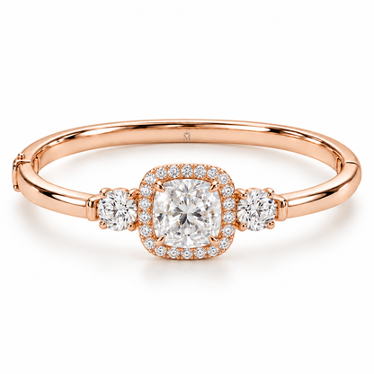 MISSISSI U11 cushion-cut lab-grown diamond halo closed oval bangle in 14K soft rose gold, white-background hero, with one round diamond on each shoulder.