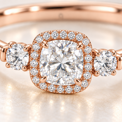 MISSISSI U11 cushion-cut lab-grown diamond halo closed oval bangle in 14K soft rose gold, setting macro, with one round diamond on each shoulder.