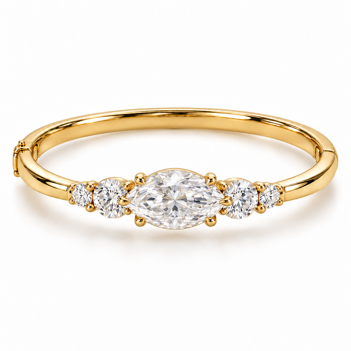 MISSISSI U12 east-west marquise-cut lab-grown diamond closed oval bangle in 14K yellow gold, white-background hero, with two graduated round diamonds on each shoulder.