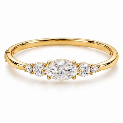 MISSISSI U12 east-west marquise-cut lab-grown diamond closed oval bangle in 14K yellow gold, white-background hero, with two graduated round diamonds on each shoulder.