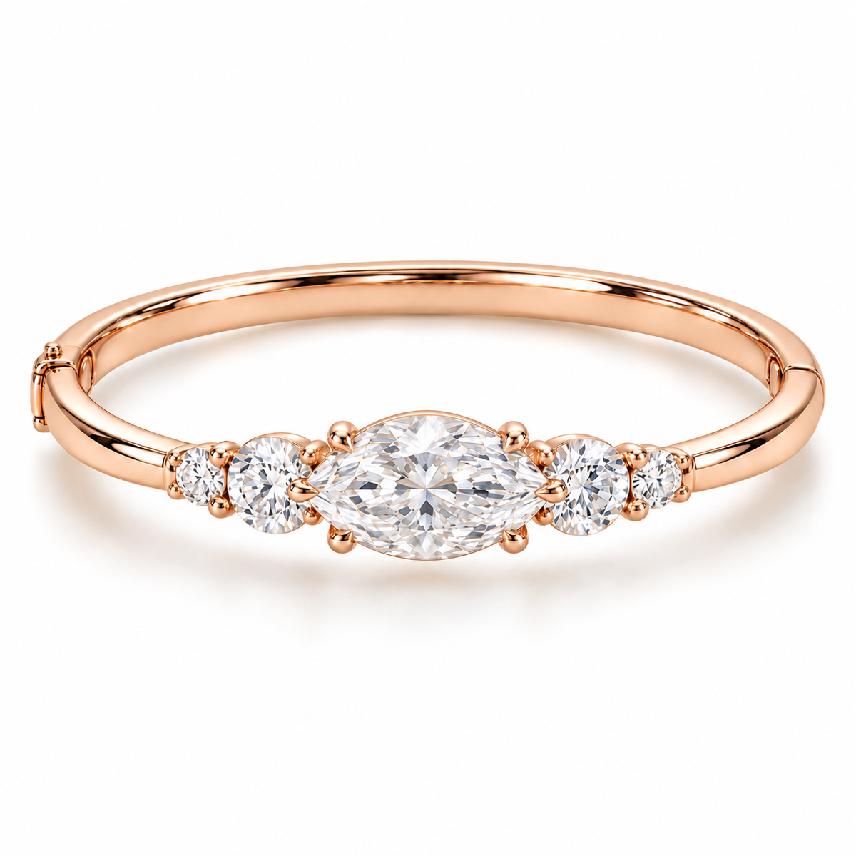 MISSISSI U12 east-west marquise-cut lab-grown diamond closed oval bangle in 14K soft rose gold, white-background hero, with two graduated round diamonds on each shoulder.